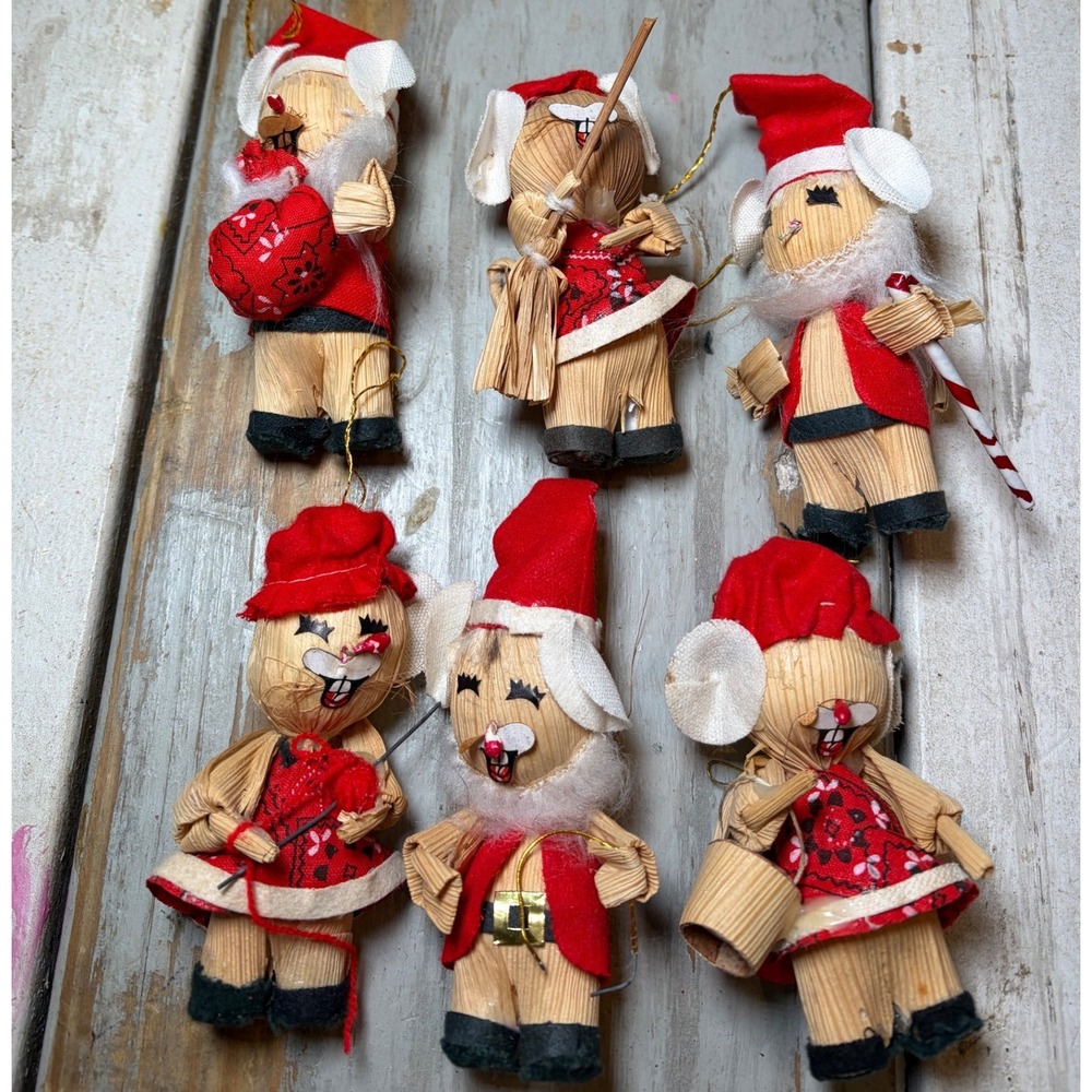 Vintage Corn Husk Santa &‎ Mrs Claus Mice Ornaments Folk Art 1970s Christmas (6)
